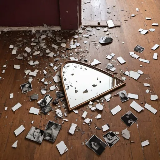 Prompt: bits of memories spread on the floor like a broken mirror