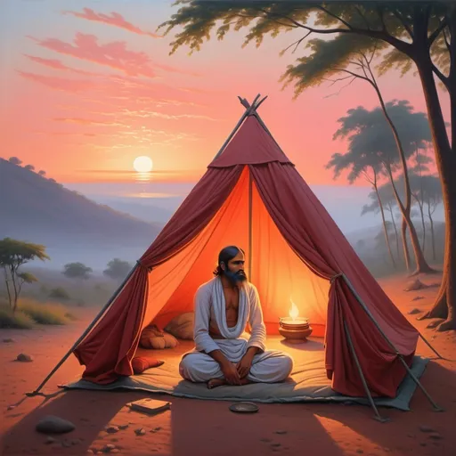 Prompt: Depict a serene early morning scene where a man named Ramakrishna, with long hair, wakes up inside a small, rugged tent. He steps outside, stretching lazily under a sky that is just beginning to brighten with the red hues of dawn. Modern days