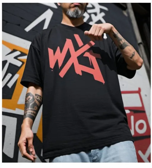 Prompt: a man with a black shirt that says walk the talk on it and has graffiti on it, and a hand holding a skateboard, Cui Bai, graffiti, dark background, a silk screen