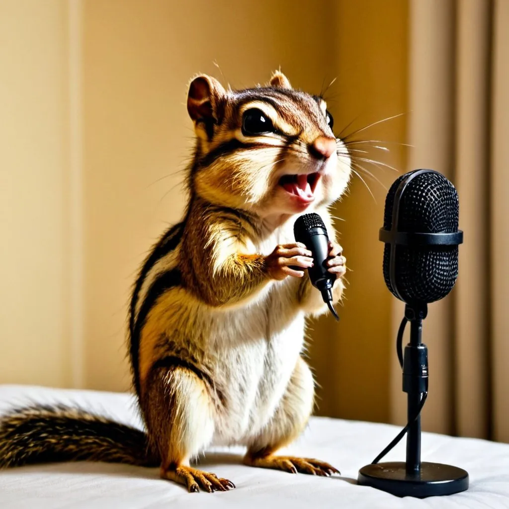 Prompt: chipmunk talking on a microphone in a bedroom