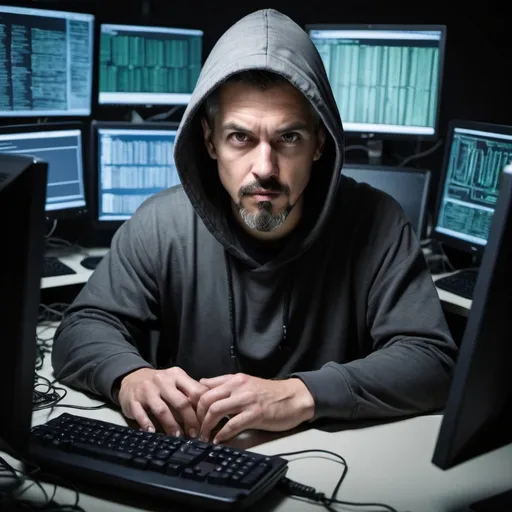 Prompt: wild looking hacker surrounded by computers. espionage, greying goatee, hood  