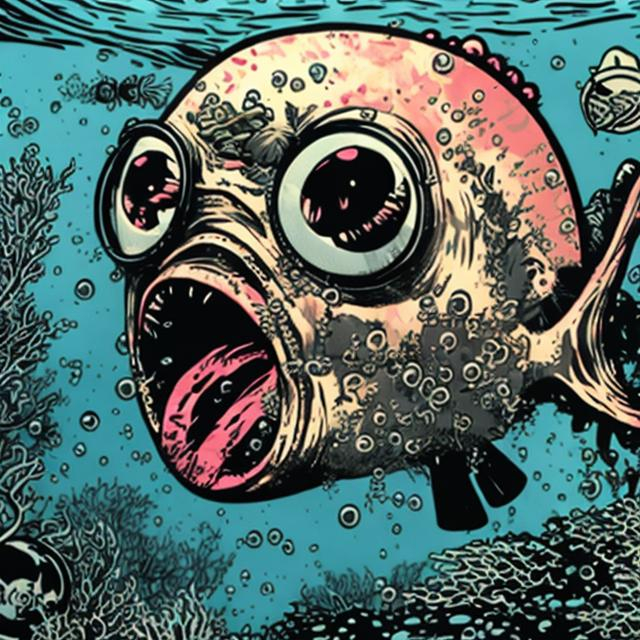 Prompt: Punk rock star, hideous guppy singing under water with a microphone, seaweed, bubbles, black leather, scaled skin,style of Coop, Seabury, Kozik, Emek