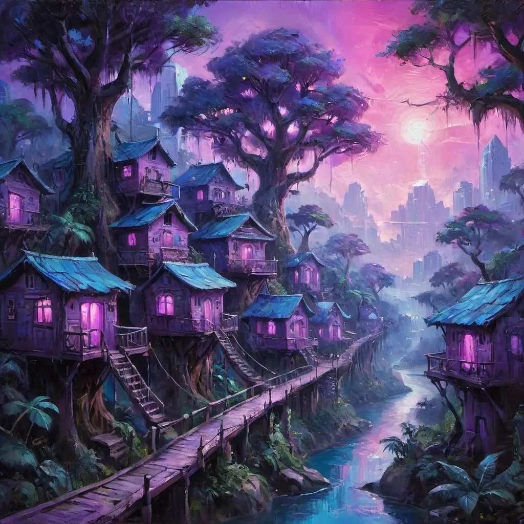 Prompt: fantasy city with tree houses in a dense jungle and purple, pink, and blue lighting