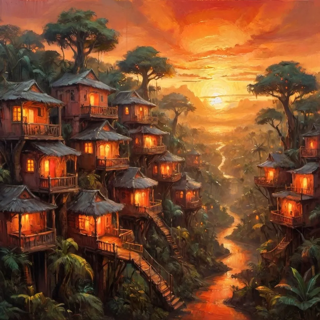 Prompt: fantasy city with tree houses in a dense jungle and soft orange, red, and yellow lighting