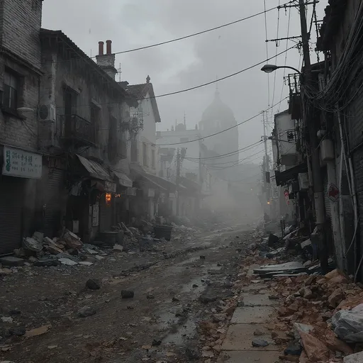 Prompt: a old city with ash and mist falling on the streets