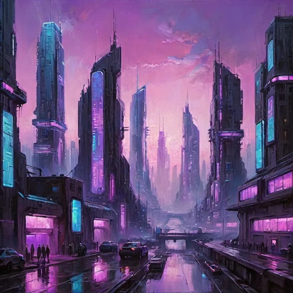Prompt: futuristic cyberpunk city with tall buildings and purple, pink, and blue lighting