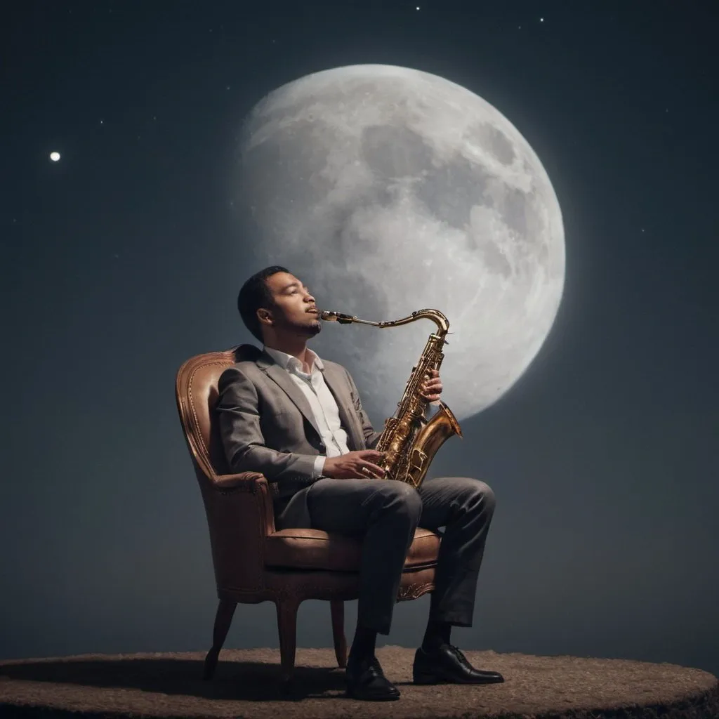 Prompt: man with saxophone in his thigh while sit in a chair with moon and night background, make it far from moon