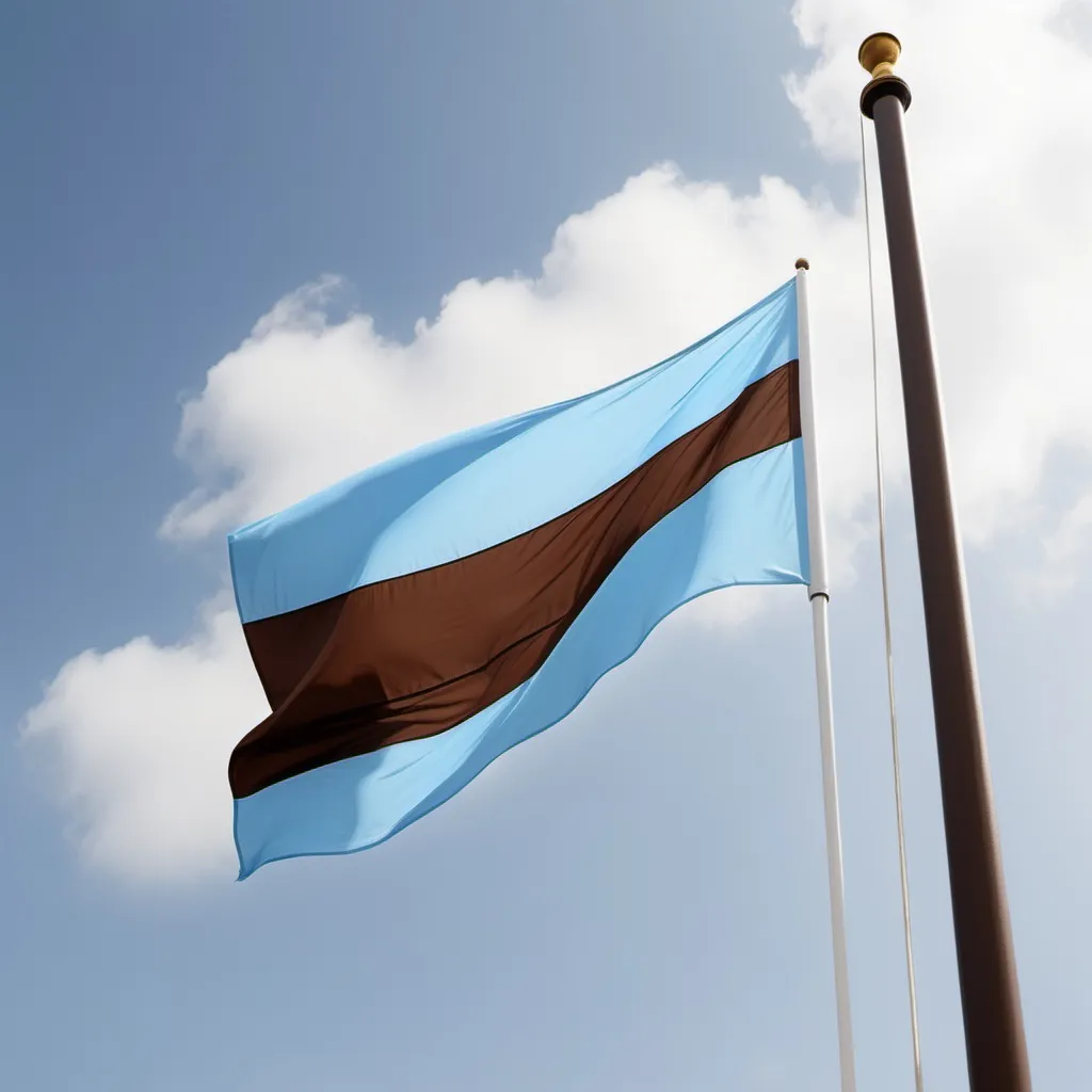 Prompt: The flag shall be half sky blue colour and half chocolate brown colour.
It should be flying high in the air on the white flagpole.
