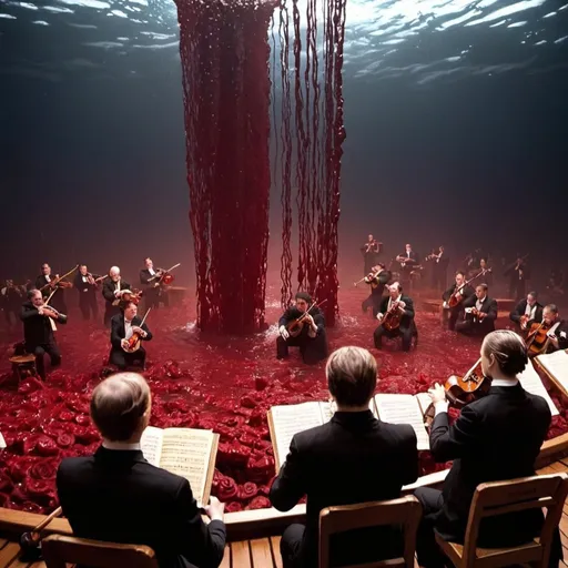 Prompt: Image of the titanic orchestra playing music as rivers of blood floating the boat