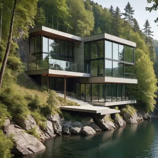 Prompt: A home in the forest with a view to the lake in a cliff side with high windows and modern architecture and two stories only with out any gate 