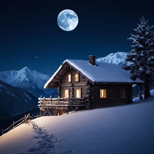 Prompt: mountains night winter wooden house in the sky 2 moons
