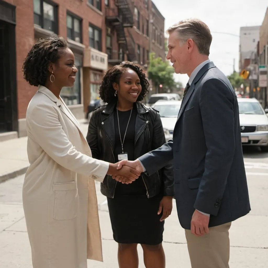 Prompt: a white man and a black woman on a street corner  shaking hands