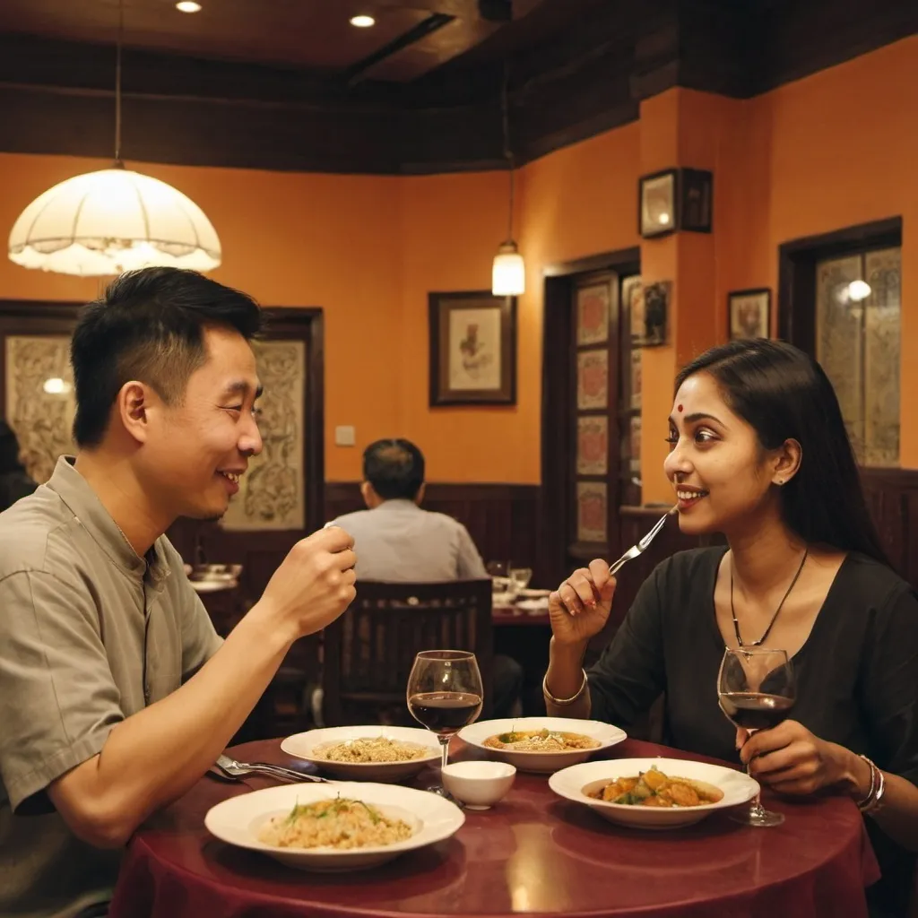 Prompt: a chinese man and a indian woman in a restaurant eating dinner