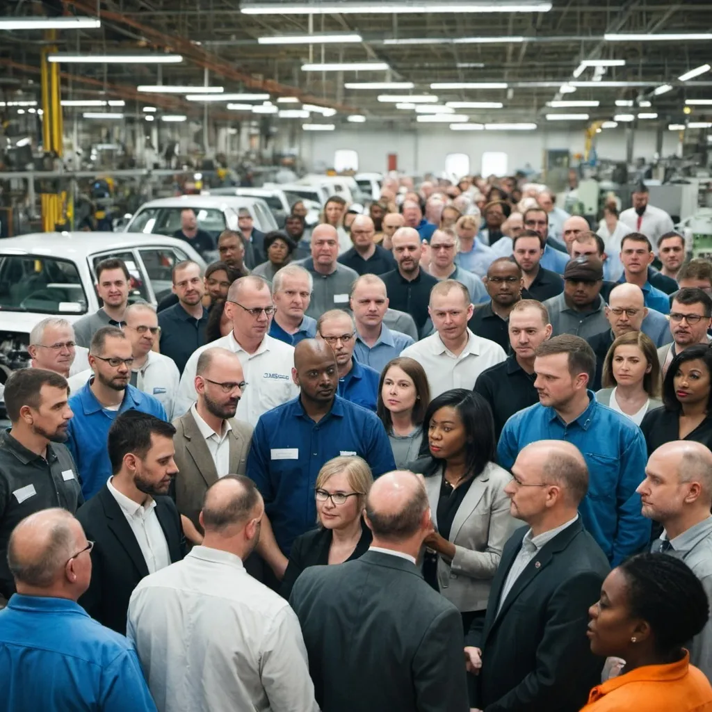 Prompt: a crowd of diverse people in a manufacturing environment