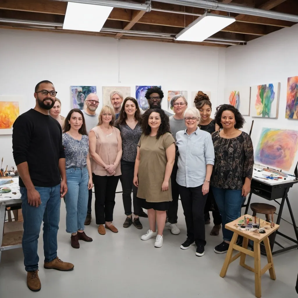 Prompt: a few diverse people in a art studio