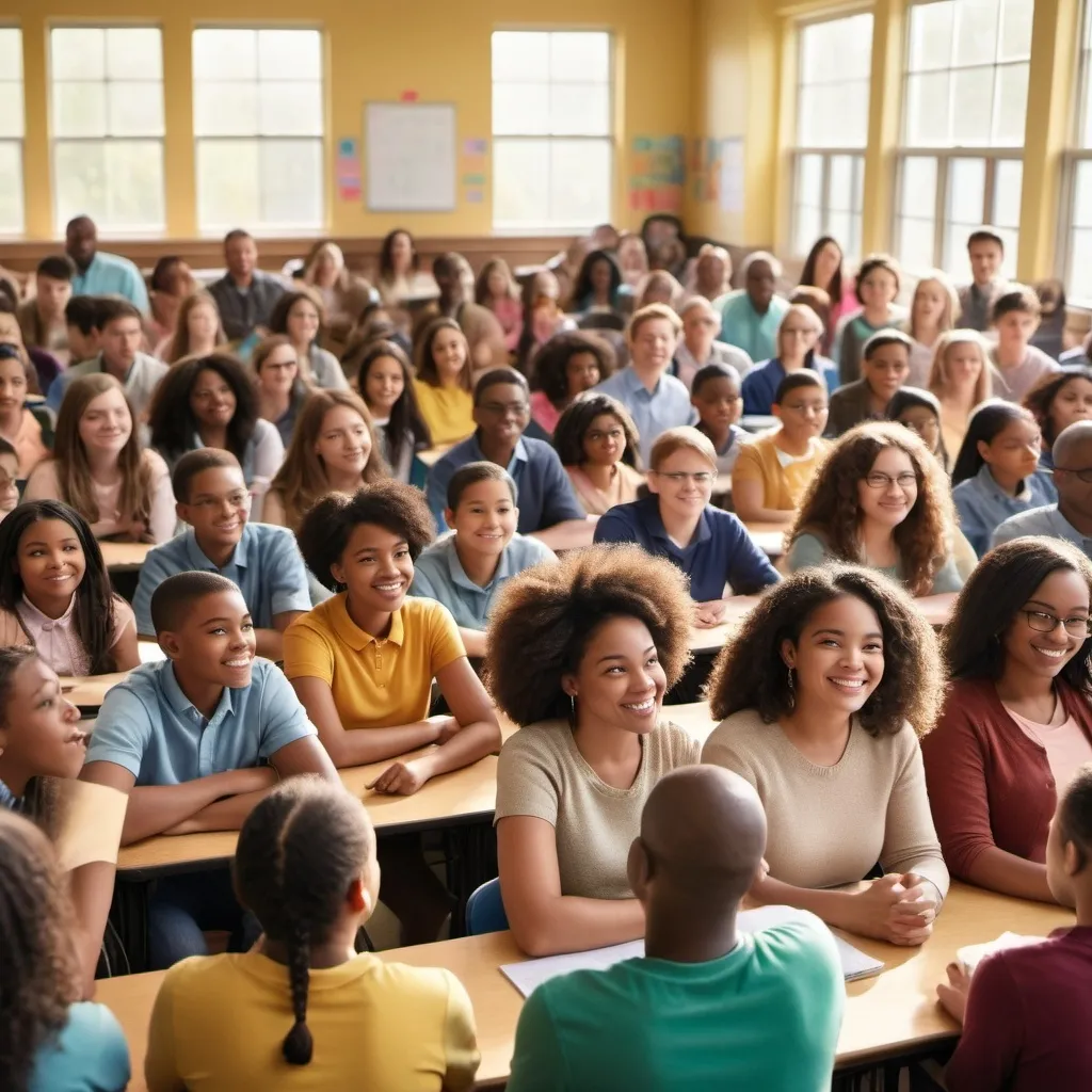 Prompt: a crowd of diverse people in a school environment