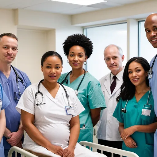 Prompt: a few diverse people in a hospital