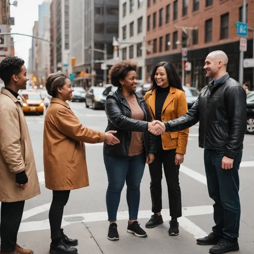 Prompt: a few diverse people in a big city on a street corner  shaking hands