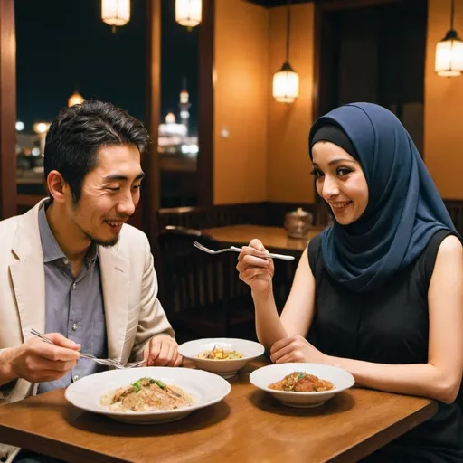 Prompt: a japanese man and a arabic woman in a restaurant eating dinner