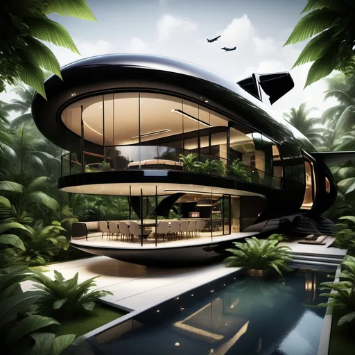 Prompt: Create a luxurious house in the shape
of a sleek, black private jet,
repurposed into a modern dwelling.
The jet is integrated into a tropical forest setting, with large glass windows revealing warm, ambient
lighting inside the home. The structure features two extended wings that
house living spaces, and it is elevated above a beautifully landscaped garden
with pathways and a tranquil
swimming pool below. The house is surrounded by lush trees and
greenery, with distant mountains and a soft evening sky in the background. The overall atmosphere is serene and sophisticated, blending modern design with the beauty of nature.