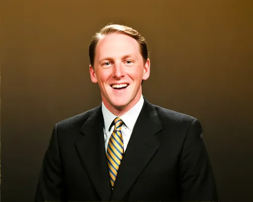 Prompt: a man in a suit and tie smiling for a picture in a studio photo studio portrait with a gold background, David G. Sorensen, american barbizon school, professional photo, a character portrait