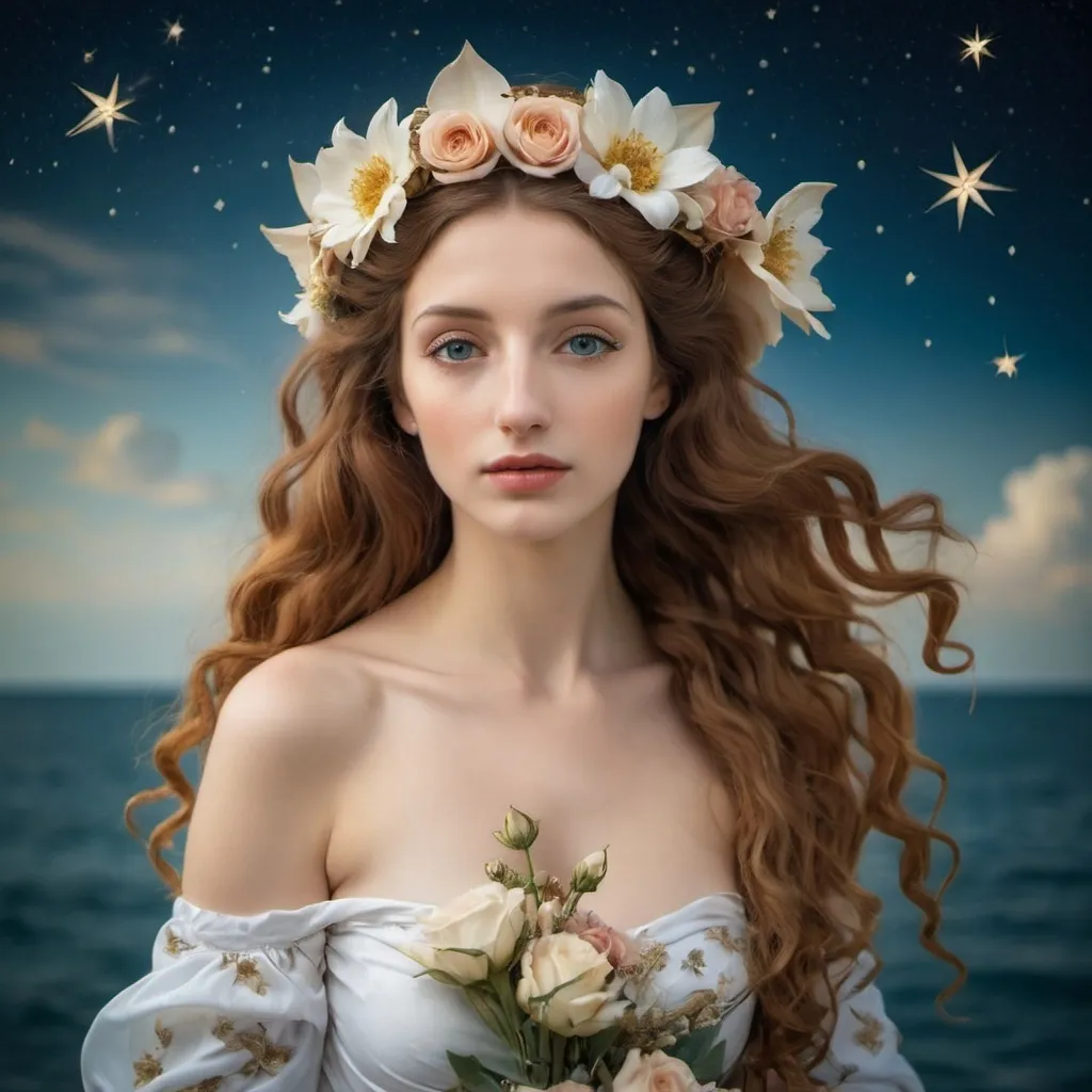 Prompt: Glamour photography la nascita di venere , stile botticelli, fulmini e saette nel cieli e stelle marine al posto dei fiori.