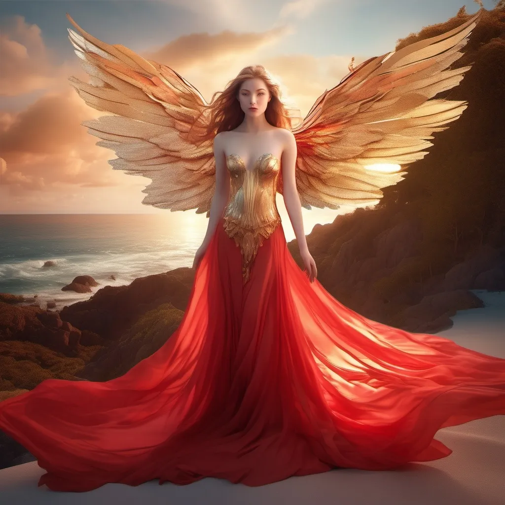 Prompt: immagine fotorealistica di spirito di giovane donna a figura intera con sfondo paradisiaco, colore rosso, con ali d'oro