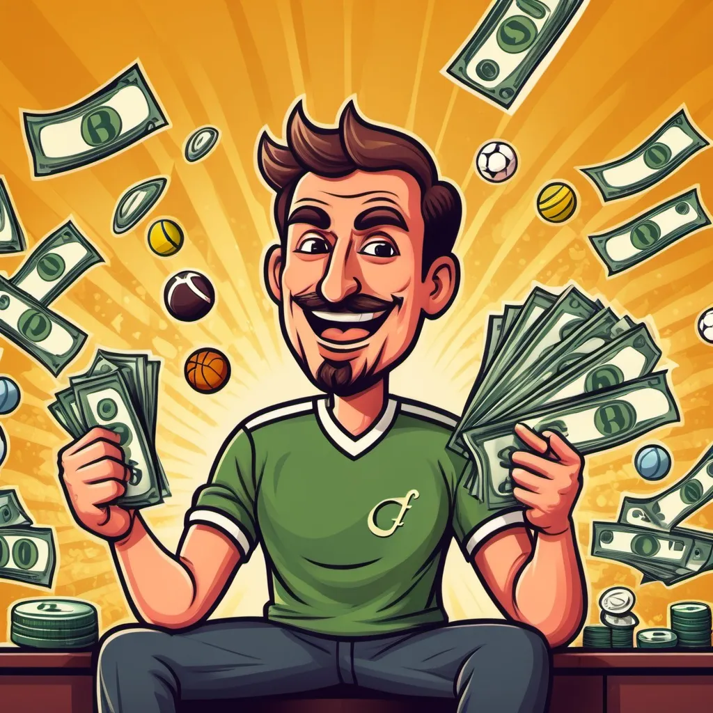 Prompt: create a banner about sports betting, money, happy, cartoonish, sense of accomplishment, 	1900 x 400 pixels