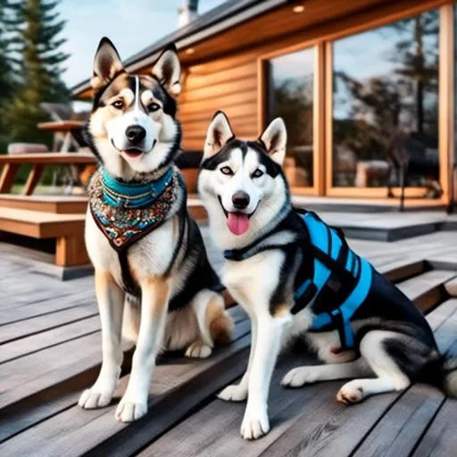 Prompt: a hyperdetailed photograph type illustration of  <mymodel> and a Siberian husky on the back patio of house, vibrant colors, fashion-forward, ultra-detailed, professional, elegant, highest, detailed facial features, realistic fur, glamorous, luxurious, bold and confident pose, vibrant and high contrast colors, dynamic lighting, intricate detail, photorealistic, masterpiece, HD, 3D, 8K, strong focus, sharp detail, trending on art station, studio lighting