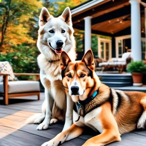 Prompt: a hyperdetailed photograph type illustration of  <mymodel> and a Siberian husky on the back patio of house, vibrant colors, fashion-forward, ultra-detailed, professional, elegant, highest, detailed facial features, realistic fur, glamorous, luxurious, bold and confident pose, vibrant and high contrast colors, dynamic lighting, intricate detail, photorealistic, masterpiece, HD, 3D, 8K, strong focus, sharp detail, trending on art station, studio lighting