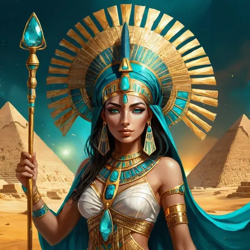 Prompt: Fantasy illustration of a powerful Egyptian sorceress, vibrant gold and teal color palette, ancient pyramids in the background, flowing silk garments with intricate hieroglyphic patterns, majestic headdress adorned with gemstones, mystical glowing staff, high quality, detailed fantasy, Egyptian, mystical, powerful sorceress, gold and teal, ancient pyramids, flowing garments, hieroglyphic patterns, majestic headdress, glowing staff, fantasy illustration, vibrant colors, mystical atmosphere