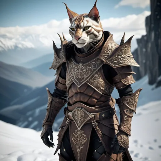 Prompt: Khajiit from Skyrim, Khajiit warrior wearing leather armor, beautiful, highly detailed and intricate, on snowy mountains, hypermaximalist, ornate, luxury, elite, ominous, haunting, matte painting, cinematic, cgsociety, James jean, Brian froud, ross tran