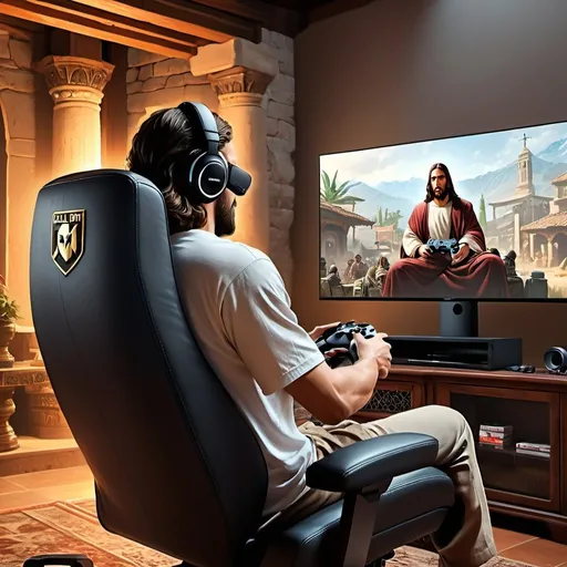 Prompt: Jesus playing Call of Duty with xbox controller, in a gaming chair, backshot, sitting in temple, watching large television with huge speakers, 8k, trending on artstation, illustration, UHD, 4K, high resolution face, detailed face, high definition eyes, detailed eyes