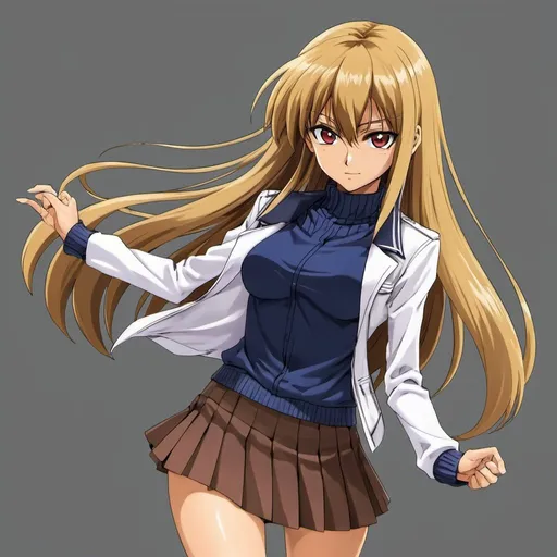 Prompt: masterpiece, best quality,  <lora:AlexisRhodes-v2:1>,
ex-ar, 1girl, tenjouin asuka, long hair, duel academy uniform (yu-gi-oh! gx), solo, skirt, blue skirt,  sleeveless jacket, jacket, sleeveless, blonde hair, straight hair, miniskirt, white jacket, hair between eyes, brown eyes, shirt, open clothes, looking at viewer, very long hair, bangs, simple background, open jacket, turtleneck, black shirt, shiny hair, happy smirk, floating hair, shiny, sketch, pencil skirt, sleeveless shirt