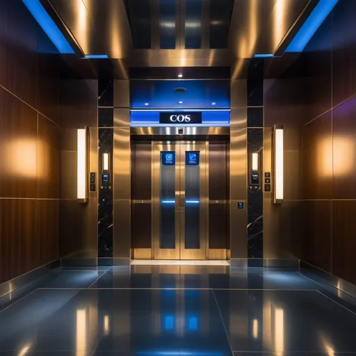Prompt: steampunk photography, sleek and minimalist elevator lobby in a corporate building, front view, eye level shot, Canon EOS 5D Mark IV, EF 24mm f/1. 4L II USM lens, f/2. 8, vertical media art installation as the centerpiece, the art should exude a fluid, metallic sheen with shades of blue that ripple across its surface, providing a vibrant contrast to the understated elegance of the surroundings, lobby is defined by clean lines with a modern control gate system for secure access, materials used throughout are premium and carefully chosen for their texture and reflective qualities, enhancing the luxurious feel of the space, showcasing the height and grandeur of the lobby, with a focus on the harmony between technology and art, ultra resolution detail to emphasize the material finishes and the ambient lighting of the setting, realism light 