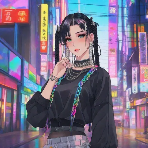 Prompt: vaporwave japan city, anime girl wearing chain accessories, spike choker, all mesh skirt, sheer grey shirt, lace gothic, septum nose piercing, dark hair with rainbow streaks in two braided pigtails