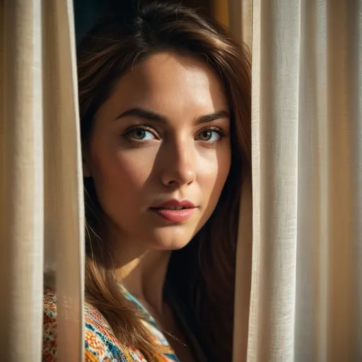 Prompt: RAW photo, woman peeking from behind curtains, colorful details, award winning, high detailed, 8k, natural lighting, analog film, detailed skin, amazing composition, intricate details, subsurface scattering, velus hairs, amazing textures, filmic, chiaroscuro, soft light