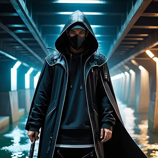 Prompt: Cyberpunk, enigmatic male anime character, in a underbridge, neo style, hooded cloak, holding a fishing pole, techwear, –ar 2:3 –q 2 –niji