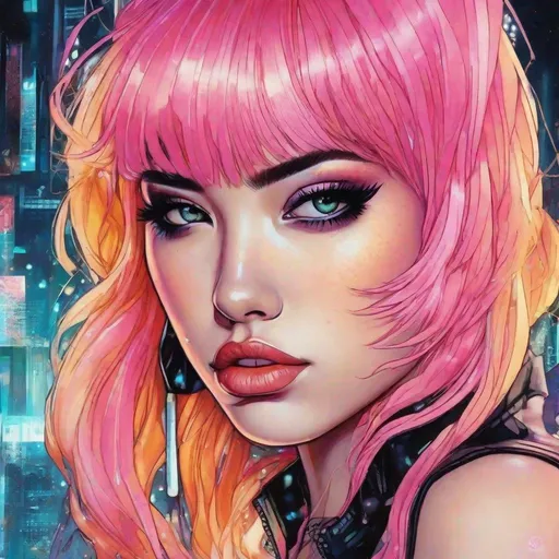 Prompt: a close up of a person with pink hair, cyberpunk art, inspired by Harumi Hironaka, black canary, piercing glowing eyes, Lucy Lui as Leeloo, image comics
