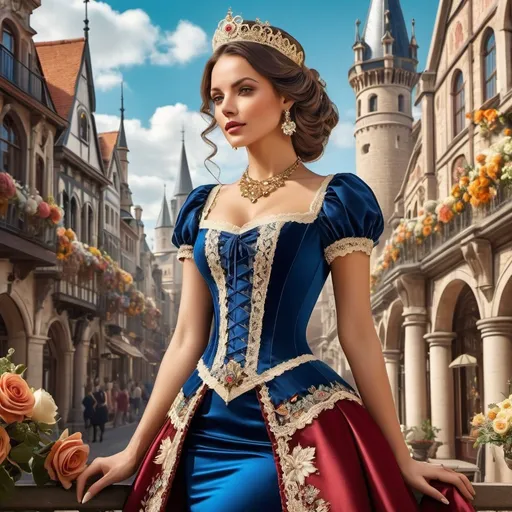 Prompt: (royal, woman, highly detailed clothes adorned with laces and floral elements, luxurious laces) , revealing clothes, absurdist style, portraying an elegant and strict queen in a beautiful and colorful environment full of celebration, flowers, medieval architecture and a summer street. Capturing the essence of a high quality masterpiece, dieselpunk setting, like lady mechanika