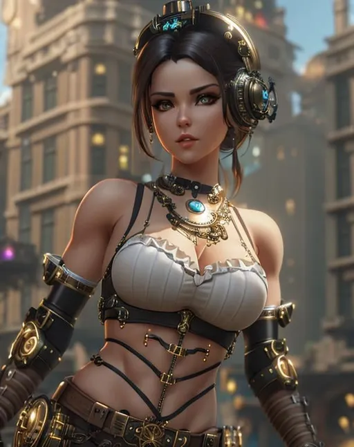 Prompt: pretty steampunk girl with abs, bionic eyes, detailed face, hyper detailed, steampunk, bionic, volumetric lighting, hard lighting, octane render, unreal engine, uhd