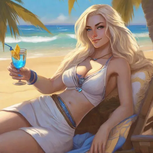 Prompt: an image of Jaina Proudmoore from World of Warcraft. She should be depicted in casual beachwear, lounging on a sandy beach. Jaina is relaxed, with a contented expression, holding a cocktail with a distinctive blue glow. The setting is sunny, capturing the essence of a perfect beach day. Ensure the illustration maintains her signature style while incorporating the described elements.