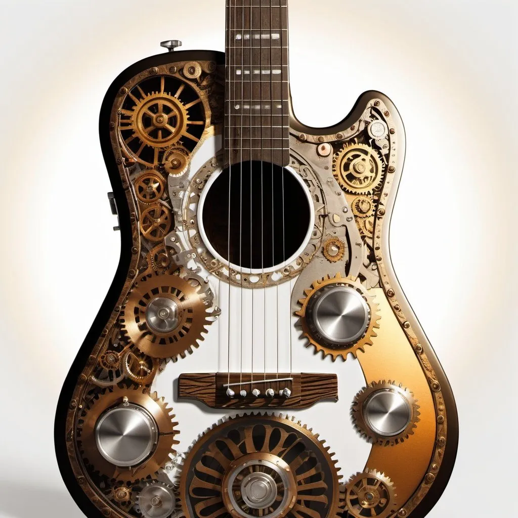 Prompt: double exposure steampunk Fender acoustic guitar played by the silhouette of a steampunk man, four seasons, golden hour, white background", intricately detailed, hyperdetailed, realism; incredible composition; dynamic lighting; meticulously composed concept art, masterpiece, digital illustration, Reflections, cell-shaded, Volumetric lighting