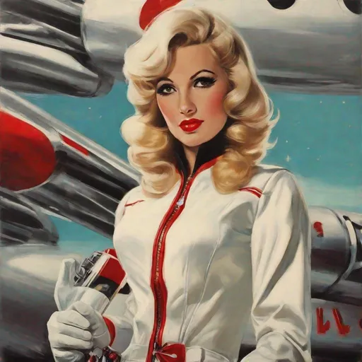 Prompt: 1girl, solo, vintage, retro pinup art style, retro, 1960s style, fallout, dirty blonde 60's hair, red lips, glamour make-up, v-cut white zipper space suit, black boots and gloves, holding retro red zapper
