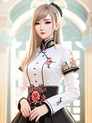 Prompt: Igumdrop, black cotton fabric cheongsam texture, soft lighting, symmetry, fashion, ultrarealistic,full body, world masterpiece, perfect composition, intricate details, hyperrealistic, super detailed, Azulejo, HDR, 8k, high quality, unreal engine