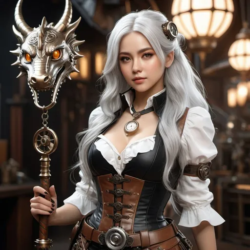 Prompt: Very beautiful Steampunk lady, long silver hair, steampunk outfit and weapon, hyperrealism, photorealistic, 8k, unreal engine --ar 9:16 --niji 5 --style expressive --s 400, with a serpent-dragon like elements and design, intricate details, dramatic lighting, hyperrealism, photorealistic, cinematic, 8k, unreal engine --ar 9:16 --niji 5 --style expressive --s 180