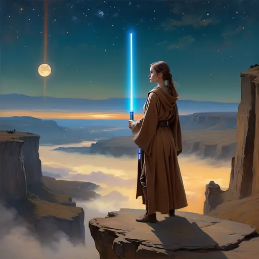 Prompt: female jedi in brown robes standing on a cliff with her blue lightsaber ignited, overlooking a beautiful landscape, Degas painting, Impressionist painting, peaceful atmosphere, nightfall, two moons, stars, 4k, pretty woman walking through the city