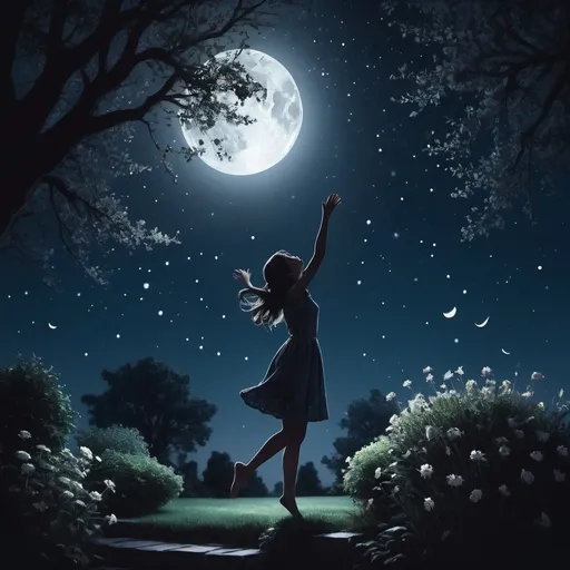 Prompt: A girl hangs in the air moonlight on a tranquil garden, Her silhouette contrasts against the night sky, Her eyes, like stars, draw focus, The scene is dreamlike, tempering fantasy.