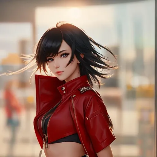 Prompt: portrait photo of a stylish beautiful girl in a future convenience store, asymmetric hair cut, cyberpunk aesthetic, heavenly beauty, 8k, 50mm, f/1. 4, high detail, sharp focus, cowboy shot, perfect anatomy, arms behind back, sunshine on her face, sunset, window side