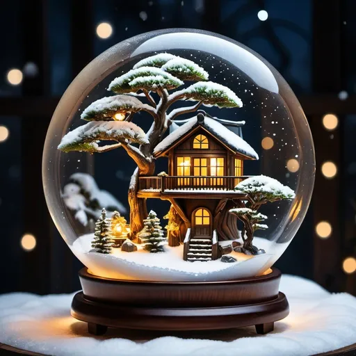 Prompt: Bonsai with a wooden tree house with string lights at night inside a snow globe, Fallout, nightfall, dark background  